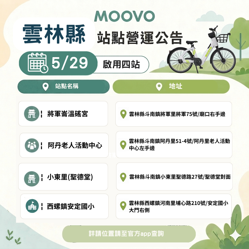 MOOVO 將於 5/29 啟用雲林縣新增4 處站點